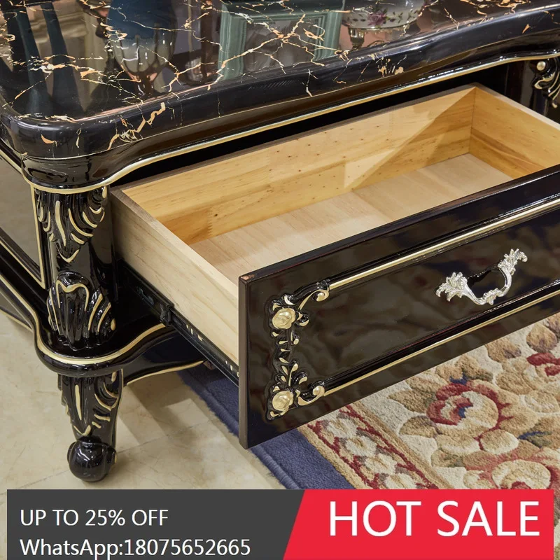 MJY European Style Solid Wood Ebony Sofa Side Table Marble Square with Drawer Coffee Table