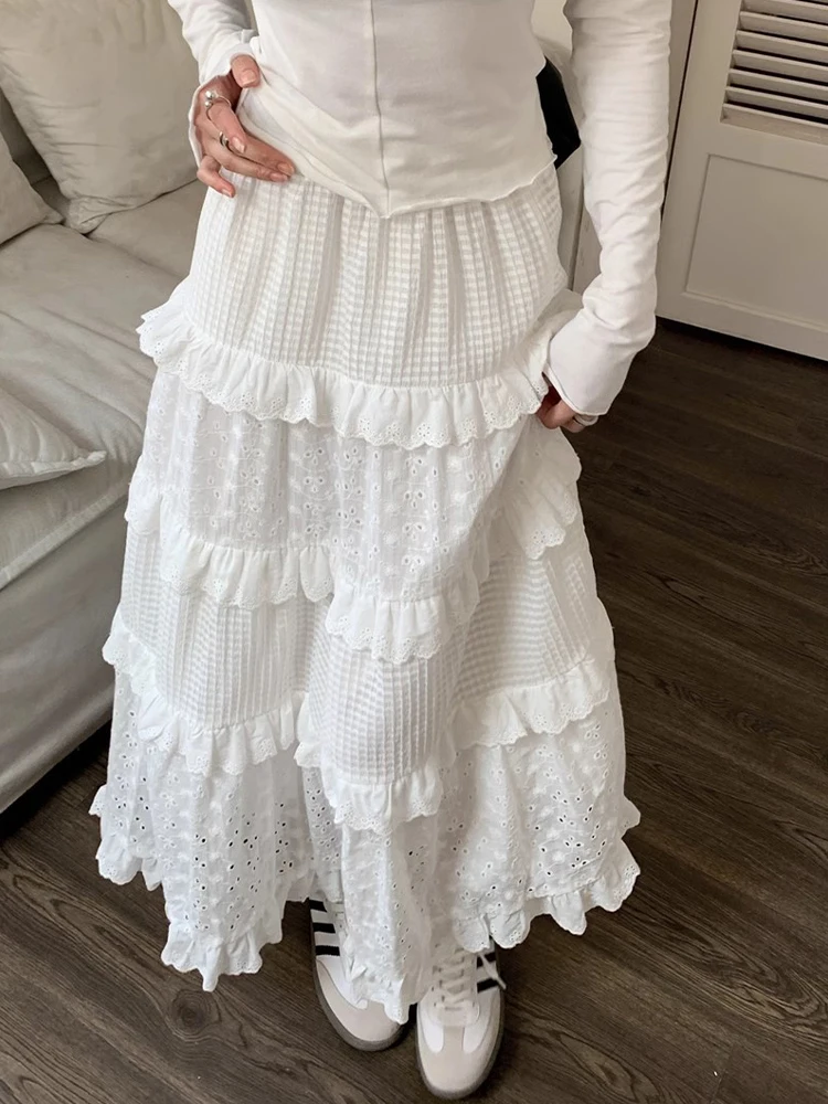 

Skirt Women Lace White Pleated Cake Skirts Lady Korean Style High Waist Fairycore Long Skirt Spring Autumn Holiday A-line Faldas