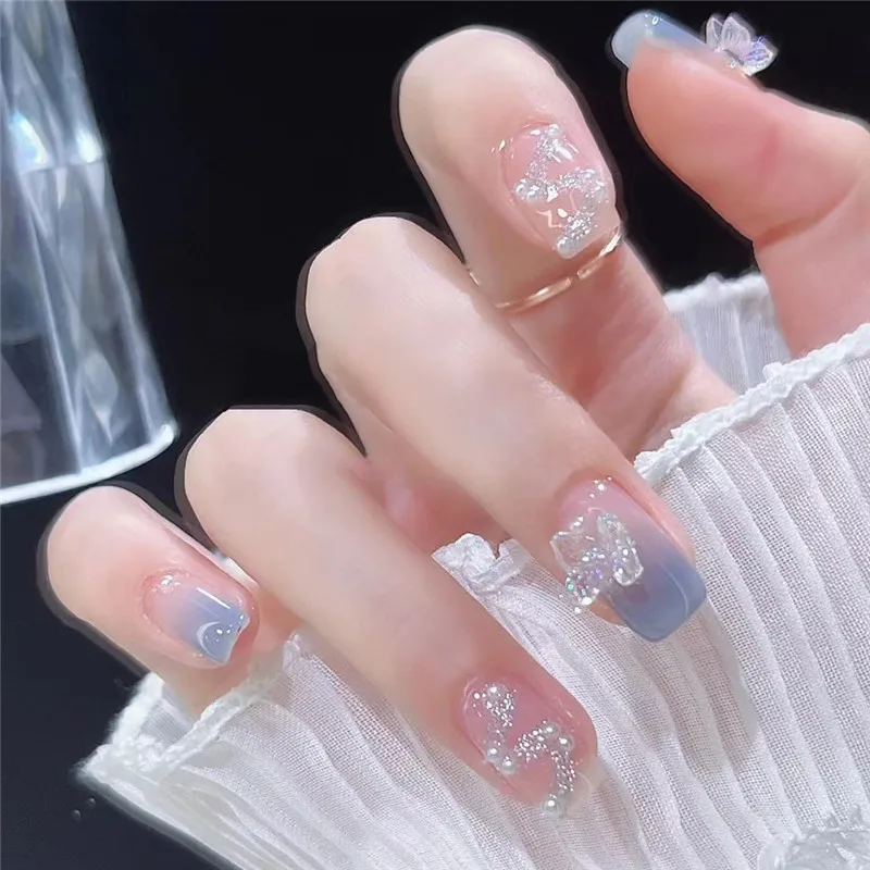 

Short Ice Transparent Blue Butterfly Nail Patch Finished Product Wearing Nail Enhancements Women Nail Pieces False Nails