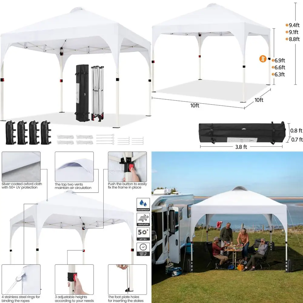 

10x10 Instant Pop Up Canopy Tent with Ventilation, Easy Setup, Wheeled Bag, Sandbags, and Stakes for Outdoor Sun Shelter