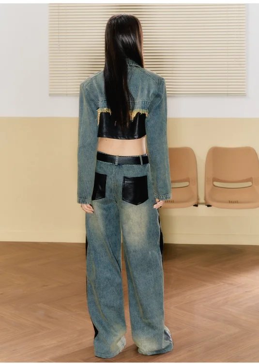 Stylish New Autumn Winter Trendy Patchwork Denim Set Featuring Cropped Top And Loose Wide-leg Jeans For Women Retro view 2