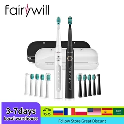 Fairywill-cepillo de dientes eléctrico IPX7, resistente al agua, 4 horas de carga rápida, cabezales de repuesto, potente cepillo de dientes sónico, regalo