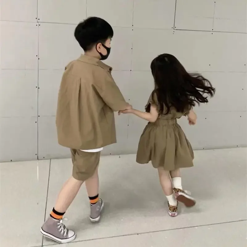 2022 Summer Kids Clothes Sets Brother Sister Matching Outfits Korean Children Clothing Suit Girls Blouse+Skirt Boys Shirt+Shorts