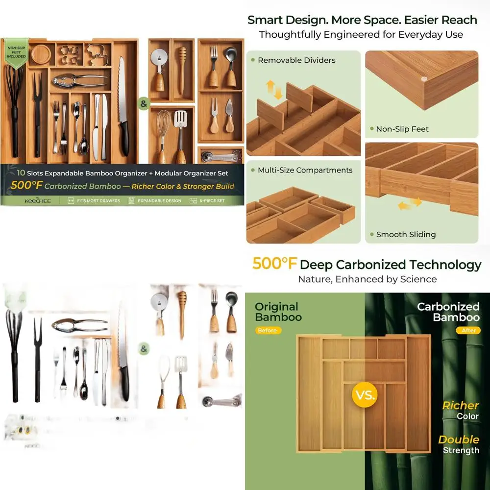 Organisateur de tiroir en bambou à 6 compartiments, 2,2 de profondeur pour ustensiles de cuisine, bureau, cosmétiques et plus encore avec base antidérapante