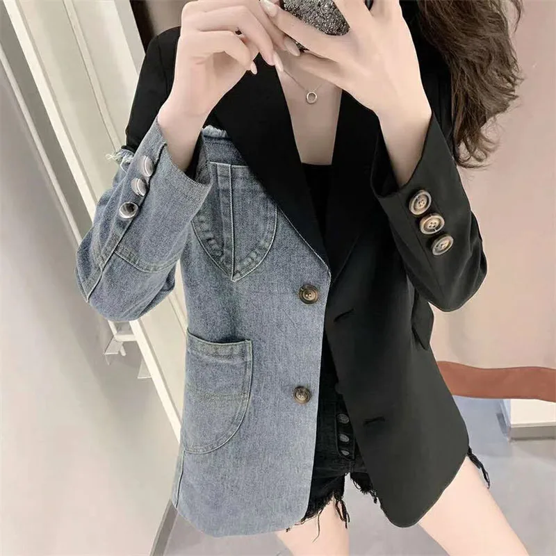 

2025 женские ковбойские лоскутные топы, пальто, весенне-осенняя женская куртка для отдыха, корейская женская мода, джинсовый костюм с длинными рукавами, верхняя одежда