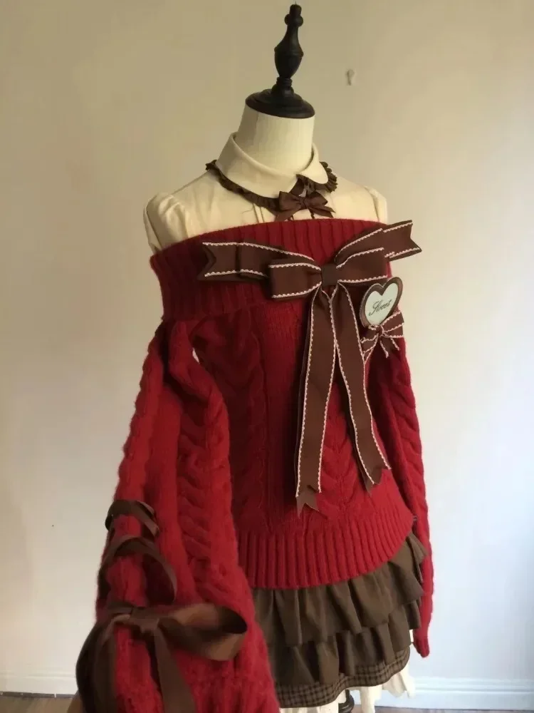 

Lazy Bow Off Shoulder Long Sleeve Loose Knitted Sweater Tops+ High Waist Ruched Skirts 2025 Autumn New Two Piece Sets