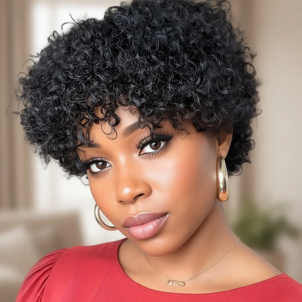 

Бразильский парик из натуральных волос, кудрявый, в стиле пикси с челкой, вьющийся парик для женщин, полностью машинной работы.