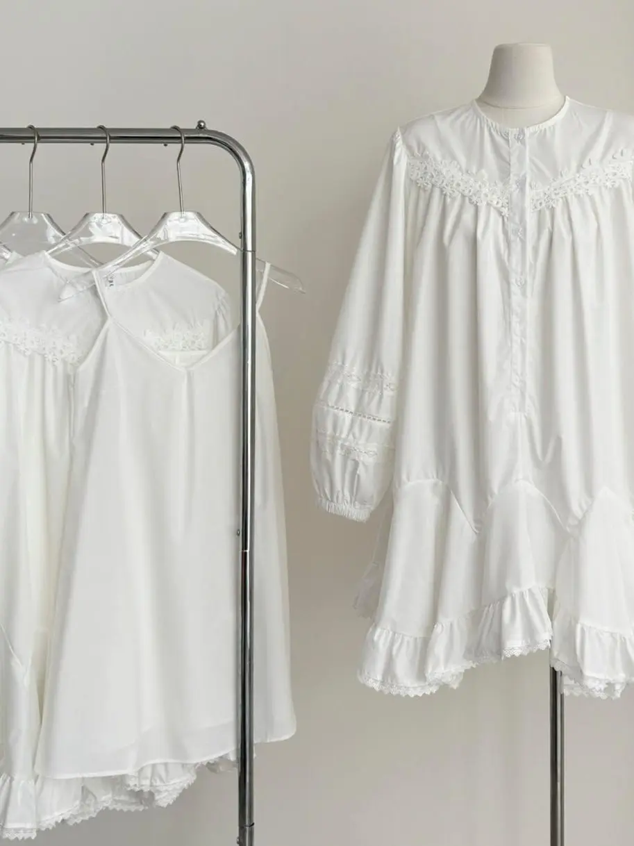 

Ele Lace Splice Loose Women's Dr Korean Sle Sweet Blouse Inner Wear Strap Dres Faionable Summer Outfit