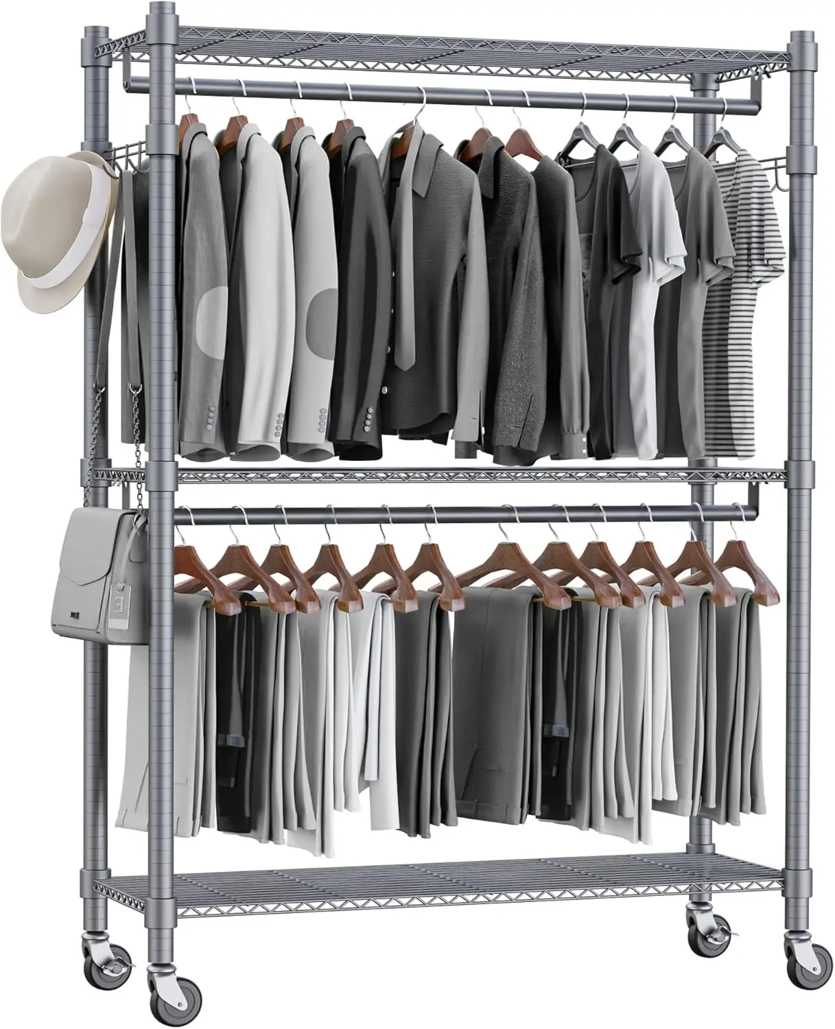 3 Shelves Wire Shelving Clothing Rolling Rack Heavy Duty Commercial Grade Garment Rack with Wheels and Side Hooks