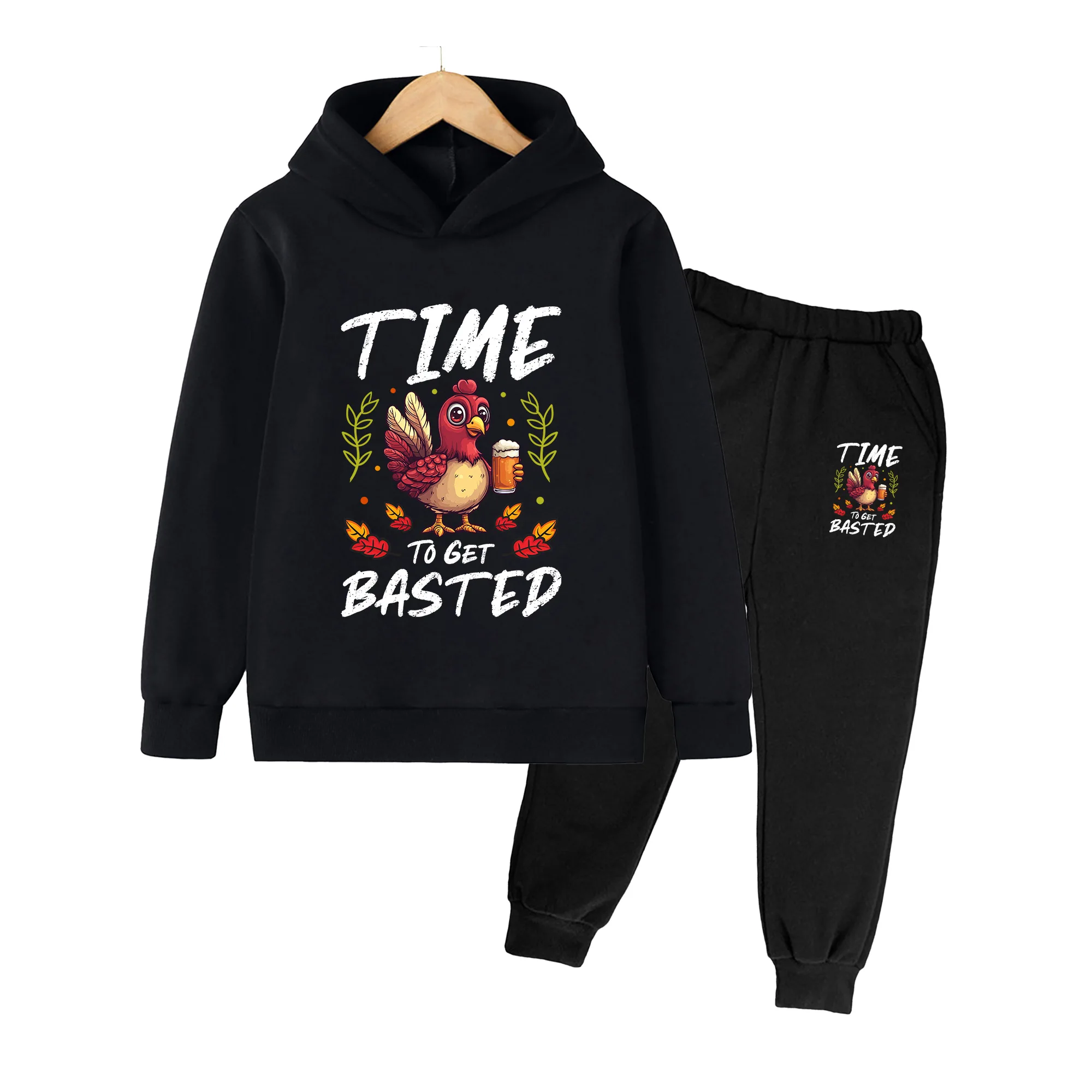 Kids Thanksgiving Turkey Print Hoodie and Sweatpants Set, Long Sleeve Casual Outfit for Boys Girls Fall Holiday Wear