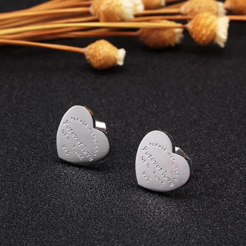 Stainless Steel Forever Lover's Heart Earrings for Women Luxury Small Engraved Stud Earrings Women Jewelry