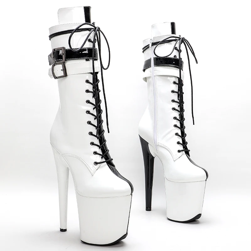 Leecabe-Bottes à talons hauts pour femme, bottes de pole légiti, plateforme de fête, dessus verni noir et blanc, mode pour femme, 20cm, 8 po
