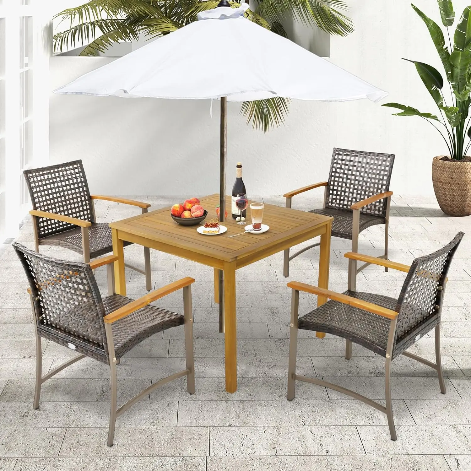 5 Pieces Patio Dining Set, 4 Wicker Armchairs and Square Acacia Wood Dining Table with 1.9” Umbrella Hole