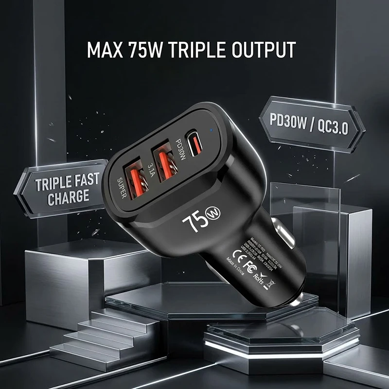 75W Fast Car Charger 3-Port PD 30W USB C Type C Auto Power Adapters Multi Device Simultaneous Charging For iPhone 17 For Android