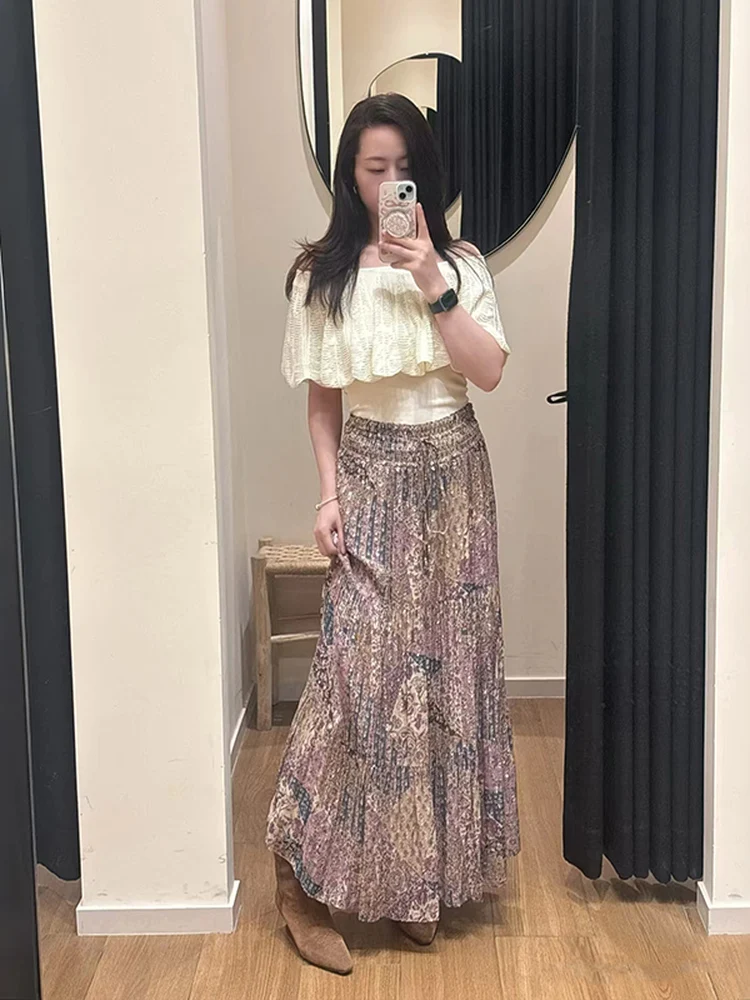 Summer New BS26 V-Neck Print Bustier Long Dress Gold And Silver Thread Holiday Style Half Skirt Women's Slim Fit A-Line Skirt