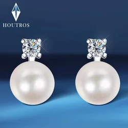 Houtros-pendientes de tuerca de moissanita de 0,1/0,3 quilates para mujer, pendientes de gota de perlas de agua dulce, joyería fina de Plata de Ley 925 con GRA