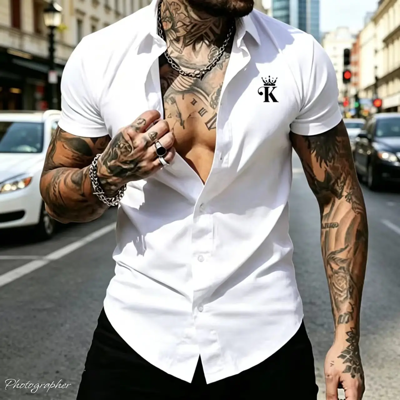 Men's Slim Fit Short Sleeved Shirt, Crown K-Shaped and Printed Striped Cuff Lapel Shirt, Casual Fashion Men's Streetwear Top