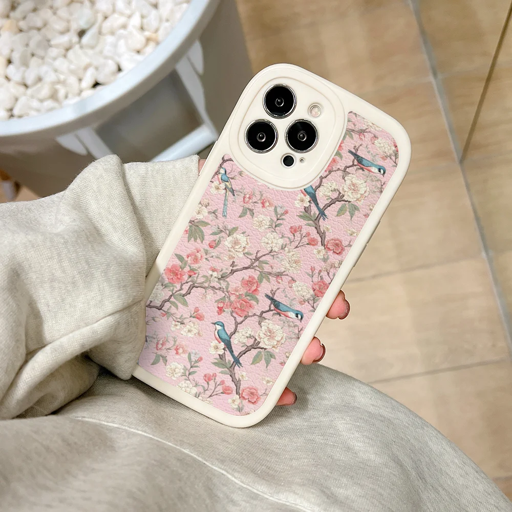 Pink Chinoiserie Birds Phone Case For IPhone 11 12 13 14 15 Plus Pro Max PU Leather Silicon Soft Cover