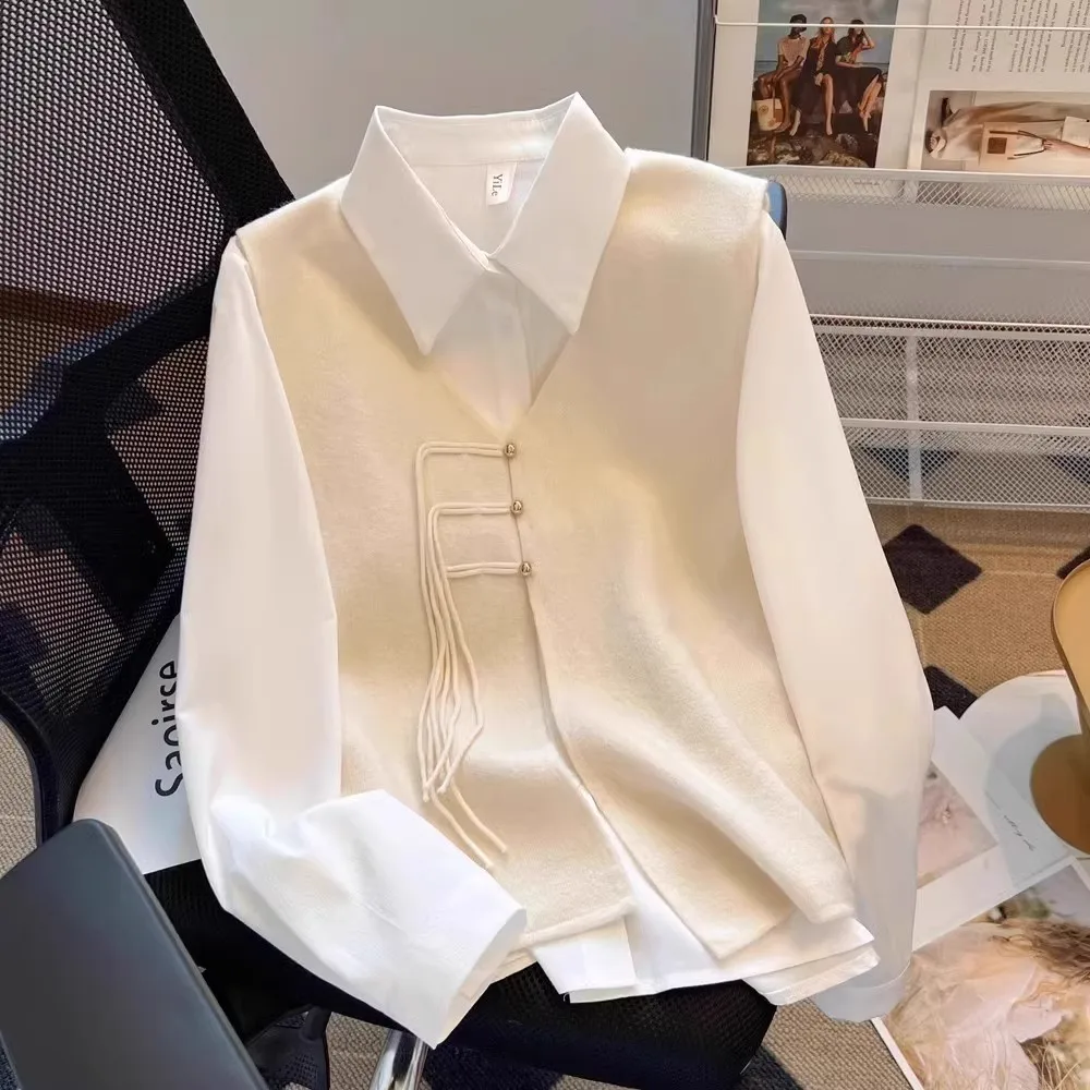 

Комплект из рубашки и жилета в китайском стиле больших размеров для женщин: весенне-осенний, на пуговицах, для многослойного ношения, дышащий, теплый, антибактериальный