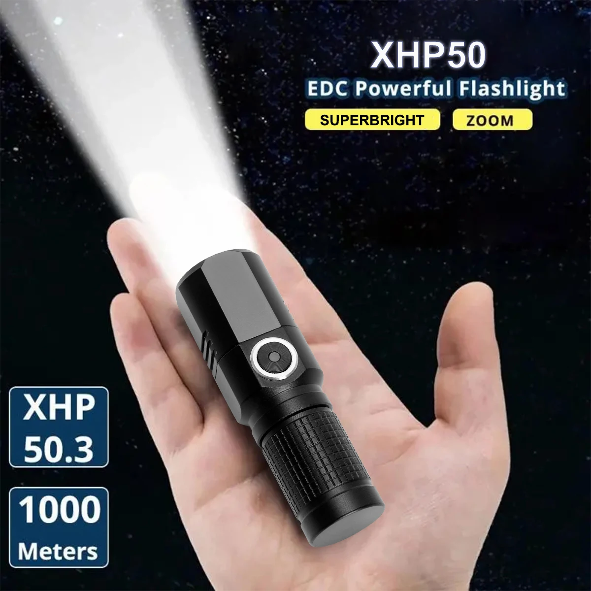 

XHP50 200OLM LED Flashlight USB MINI Torch Rechargeable Zoom Fishing Lantern Powerful 3 Lighting Mode for Hiking Camping