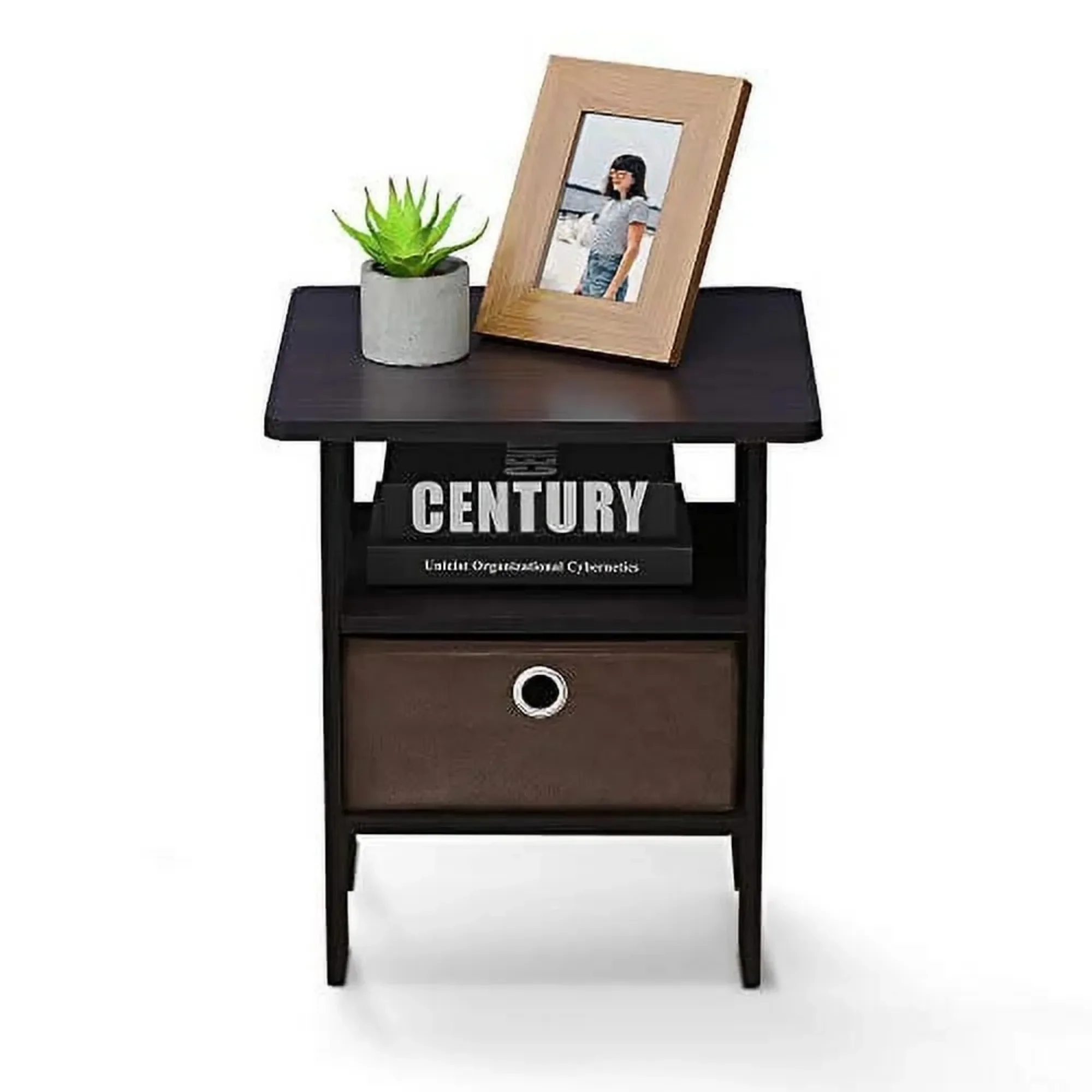 Dark walnut side table with drawers, a compact side table with storage boxes and shelves, suitable for small spaces