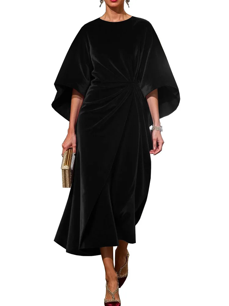 فستان نسائي أنيق وأنيق بخصر مخملي ذهبي فستان بأكمام خفاش جديد لربيع وخريف فساتين حفلات متينة 2025 فساتين نسائية