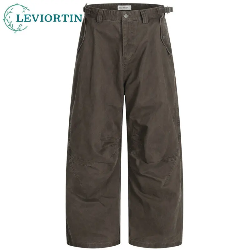 

Весенне-осенняя мужская уличная одежда в стиле ретро с регулируемым поясом и плиссированной свободной рабочей одеждой, повседневные брюки с прямыми штанинами и широкими штанинами