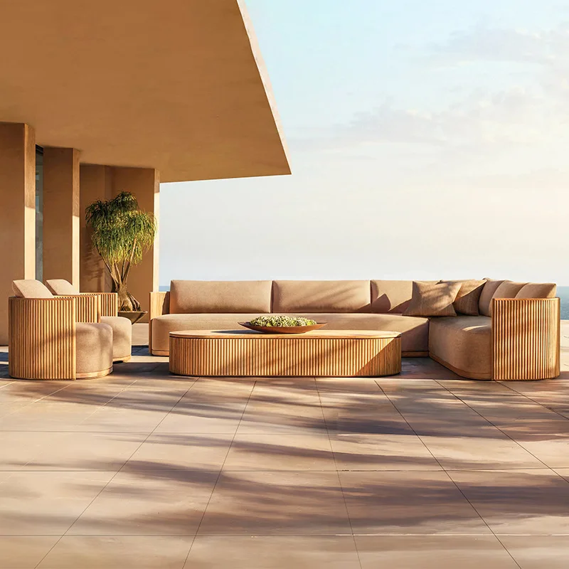 Luxury Modern Teak Wood Outdoor Sofa Set All Weather Waterproof Soft Cushion Comfortable Seating For Villa Hotel Patio Garden