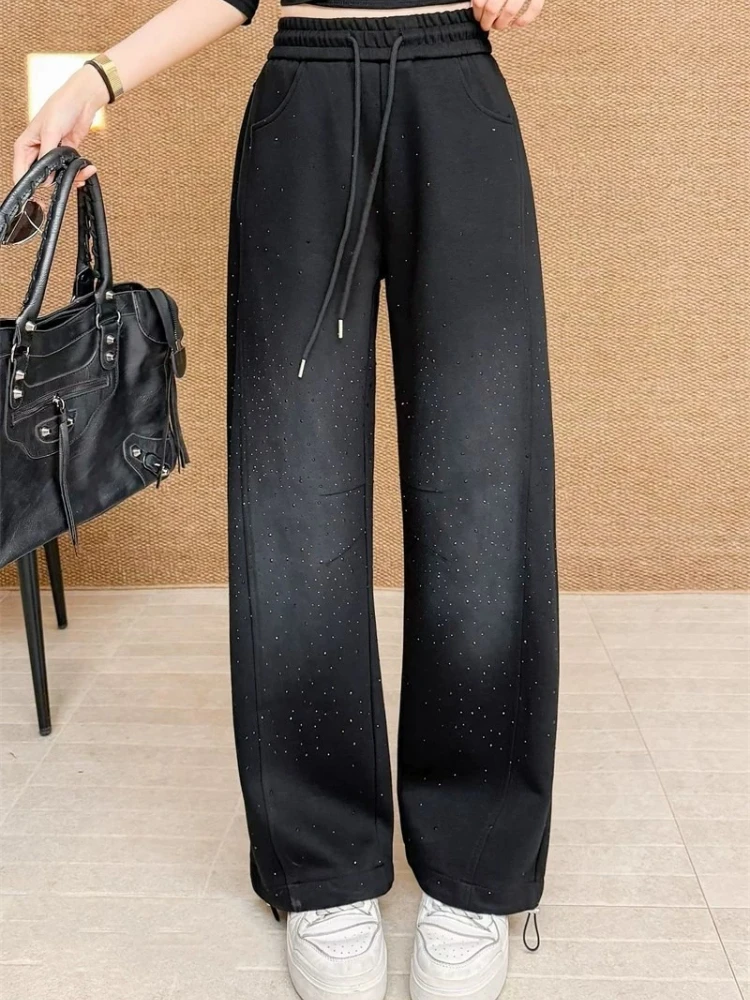 Trousers Women Black High Waist Drawstring Curved Loose Slimming Versatile Casual Sweatpants Wide Leg Rhinestone Starry Pants