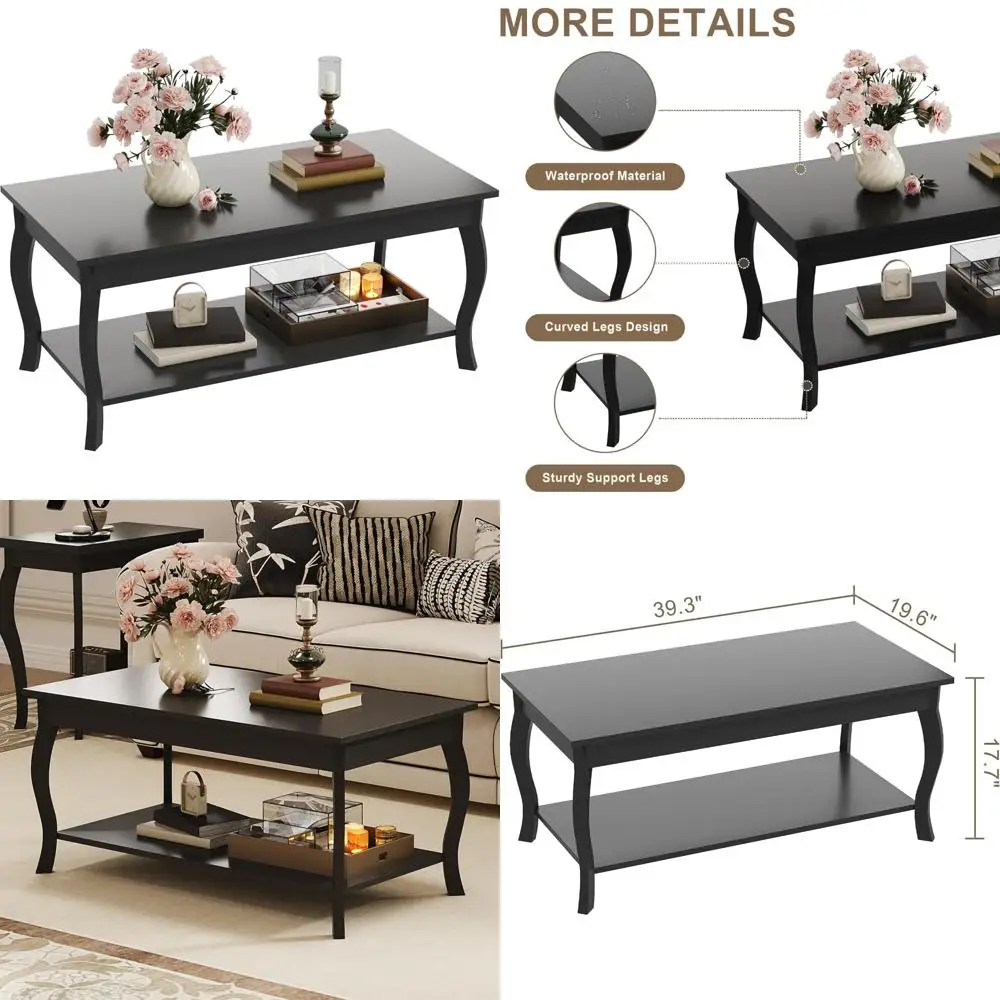 

Modern Curved Leg Coffee Table with Storage, 39-inch Living Room Centerpiece in Black