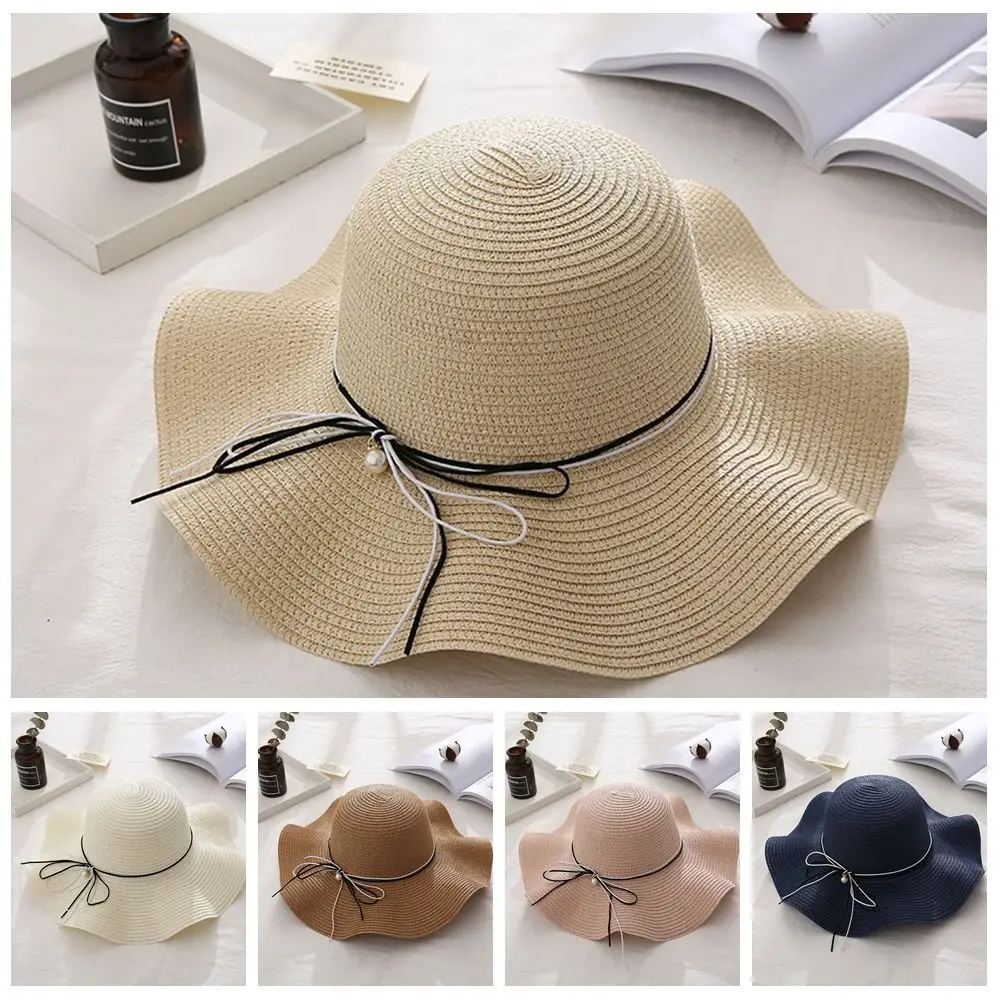 Trendy French Style Pearls Strap Straw Hat Spring Summer Wide Brim Folding Straw Hats Travel Beach Women's Sun Hat Outdoor