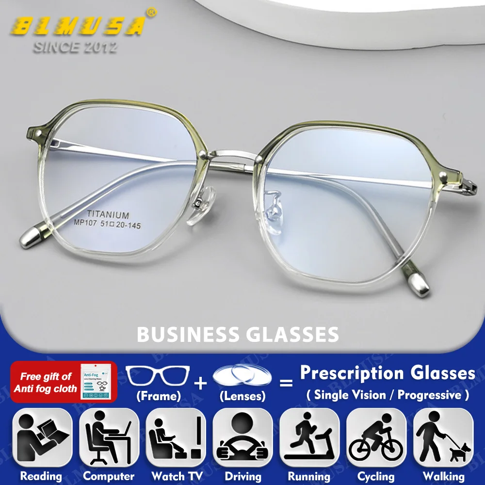 

BLMUSA (M) New Fashion Men Polygon Titanium Prescription Glasses Anti Blue Ray Myopia Progressive Photochromic Optical Eyeware