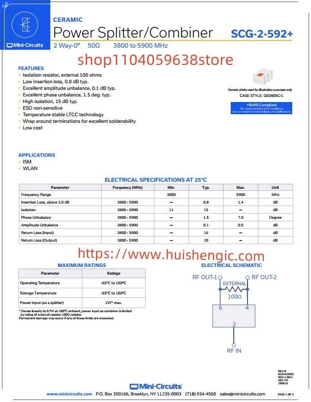 SCG-2-592+ مقسم/مجمع طاقة RF 3.8 جيجا هرتز ~ 5.9 جيجا هرتز عزل (الحد الأدنى) 11 ديسيبل، فقدان 20 ديسيبل، 7 ° عدم التوازن (الحد الأقصى) 0805 2012 متري #2