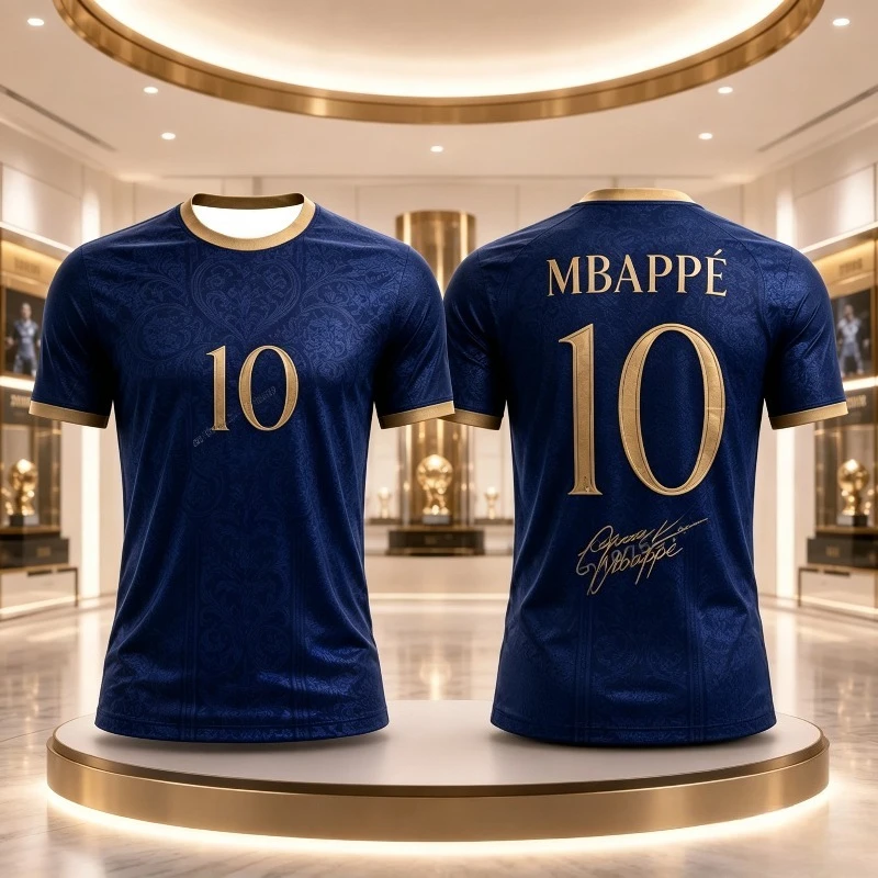 2026 Navy Blue Golden Floral Jacquard No.10 Inspired Fan Jersey Unisex Quick Dry Breathable Short Sleeve Soccer Sports T-shirt