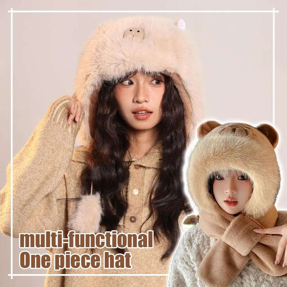 مجموعة قفازات وشاح قبعة كابيبارا 3 في 1 عصرية للنساء، إكسسوارات شتوية لطيفة منفوشة وفراء كرتونية، وشاح بغطاء للرأس دافئ للأذن #4