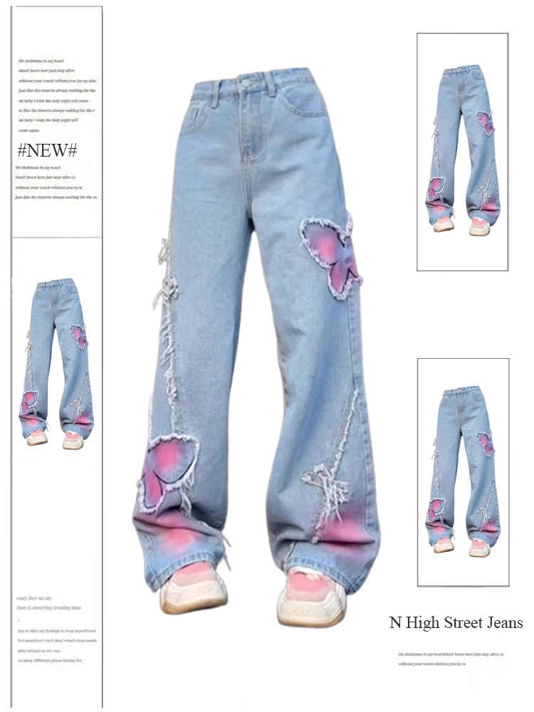 Dames blauwe vlinder jeans baggy vintage Y2k denim broek jaren 2000 Harajuku wijde pijpen cowboy broek Trashy jaren '90 esthetische kleding