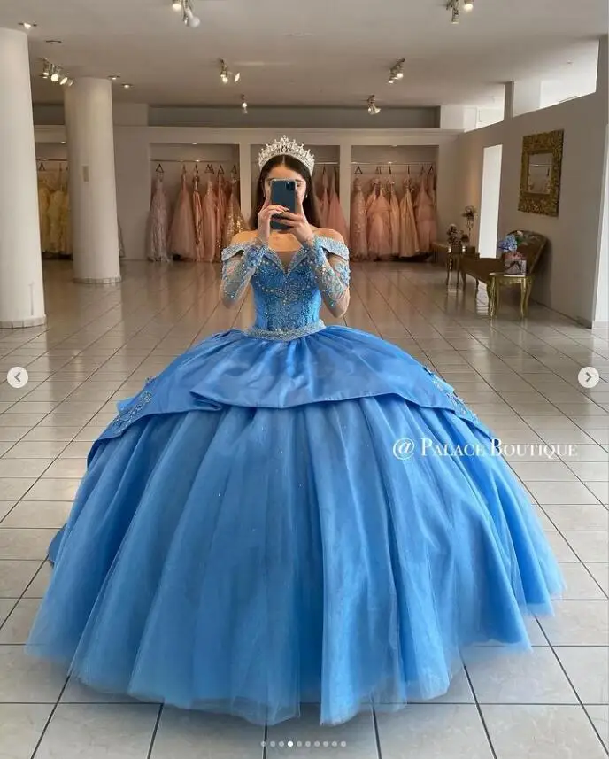 Sky Blue Princess Long Sleeve Quinceanera Dresses 2023 Sweetheart Beaded Embroidery Charro Lace-up Corset Prom vestido azul rey