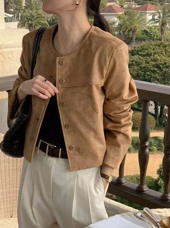 Retro Wildleder ort Jaet Damen Hong Kong Sle Chic High Design Sensation Abnehmen Kleine Größe Single Button Jaet Top