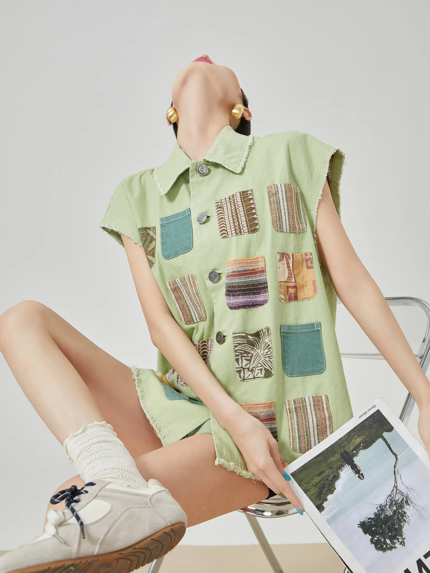 

Green Plaid Design Casual Style Vest with Pocket Decorative Single Button Front Women's Fashion Outerwear Polyester Fiber