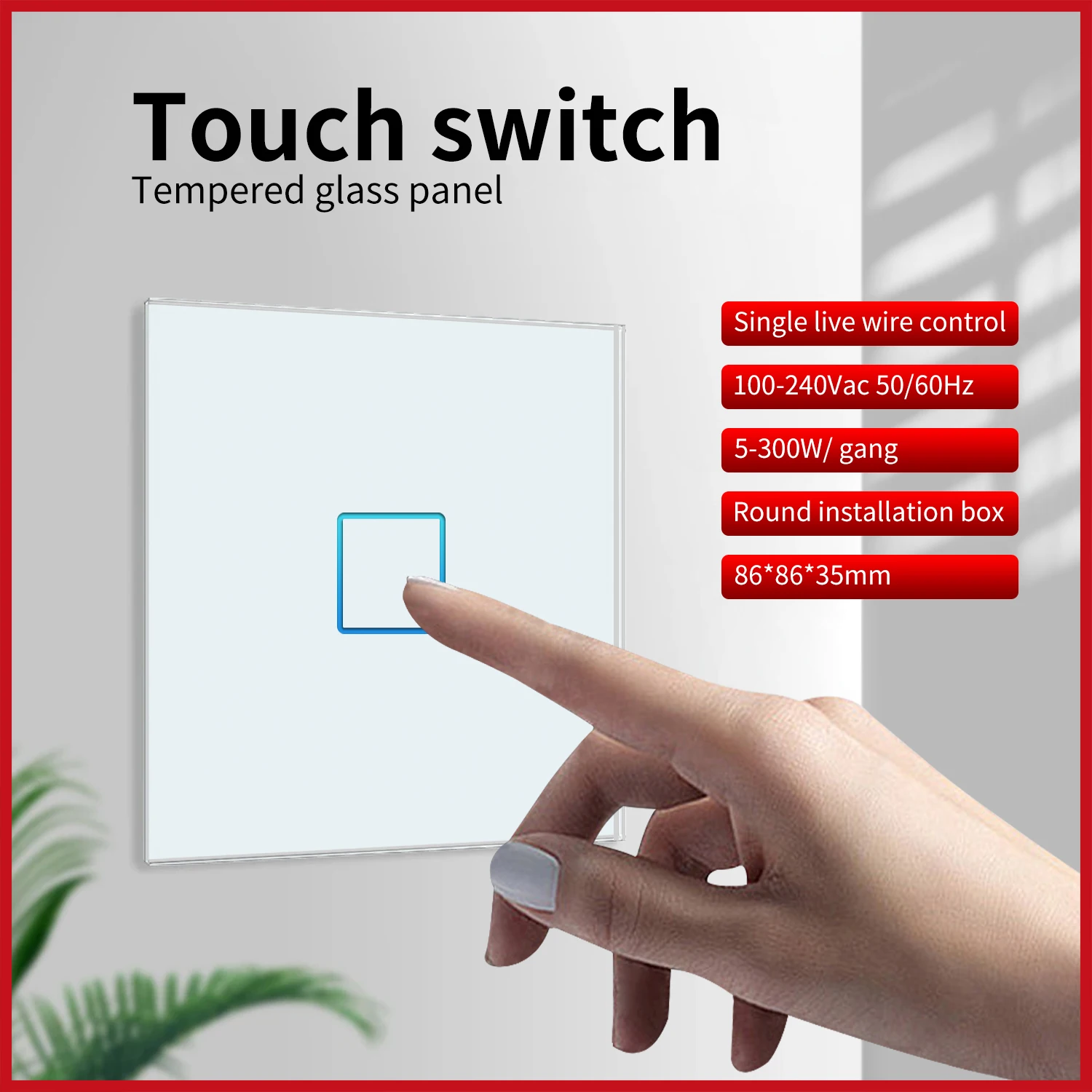 UBARO EU/UK Light Switch Crystal Glass Panel Light Wall Touch Switch Electrical Sensor LED Indicator 1 Gang 1 Way 220V Switch