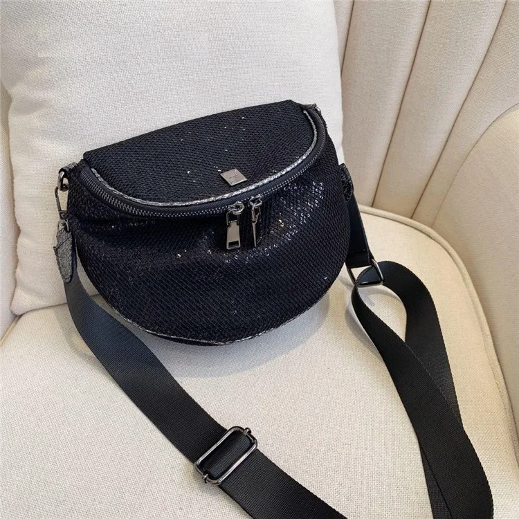 

Fashion Sequins Women crossbody bags Wide strap Saddle Shoulder bag for Female Messenger Bags Designer Oxford handbag black