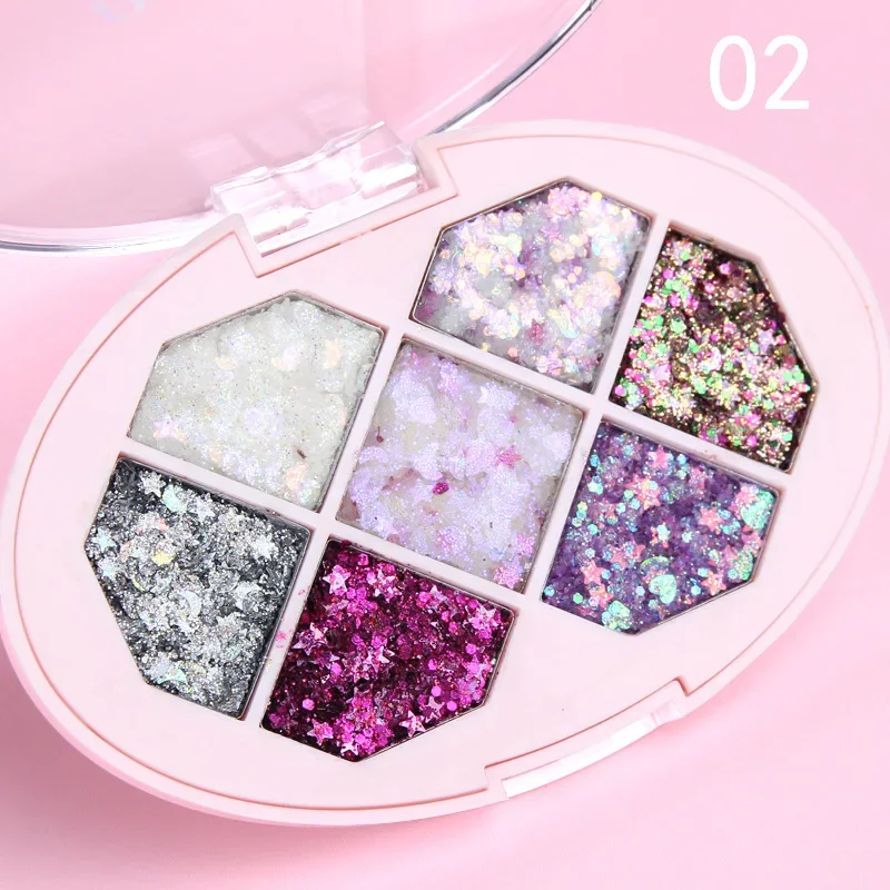 Paleta de sombras com lantejoulas e diamante, 7 cores, pigmento brilhante, brilho facial, estrela, lua, sobrancelha, fragmento de maquiagem