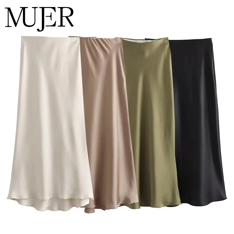 MUJER femme 2025 jupe en Satin femmes taille haute jupes longues pour les femmes été noir jupe Midi femme bureau élégant femmes jupes