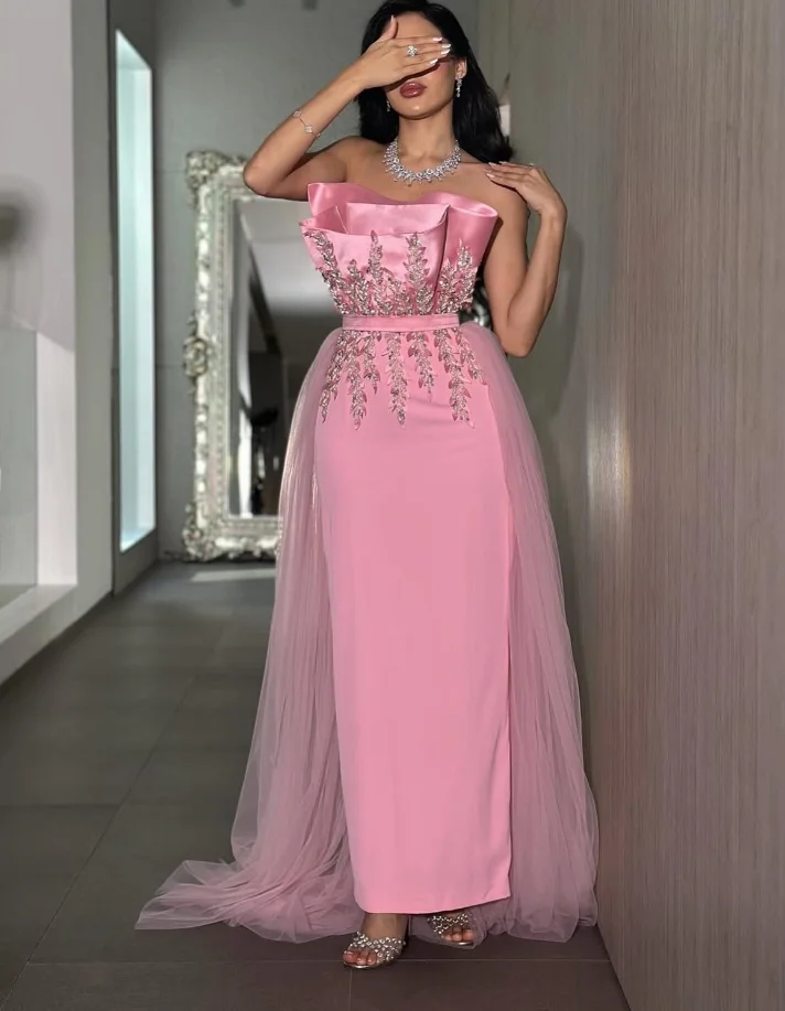 분리 가능한 트레인이 있는 핑크 발목 길이의 아랍어 이브닝 포멀 드레스 크리스탈 스트랩리스 프롬 갈라 가운 맞춤형 저지 베스포크