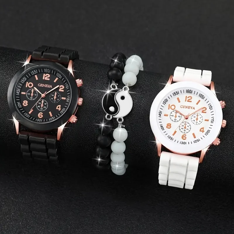 4PCS Fashionable Classic Couple Watch Set Black White Magnetic Heart Men Wrist Watch Woman Watchwrist Fashion Casual Watches