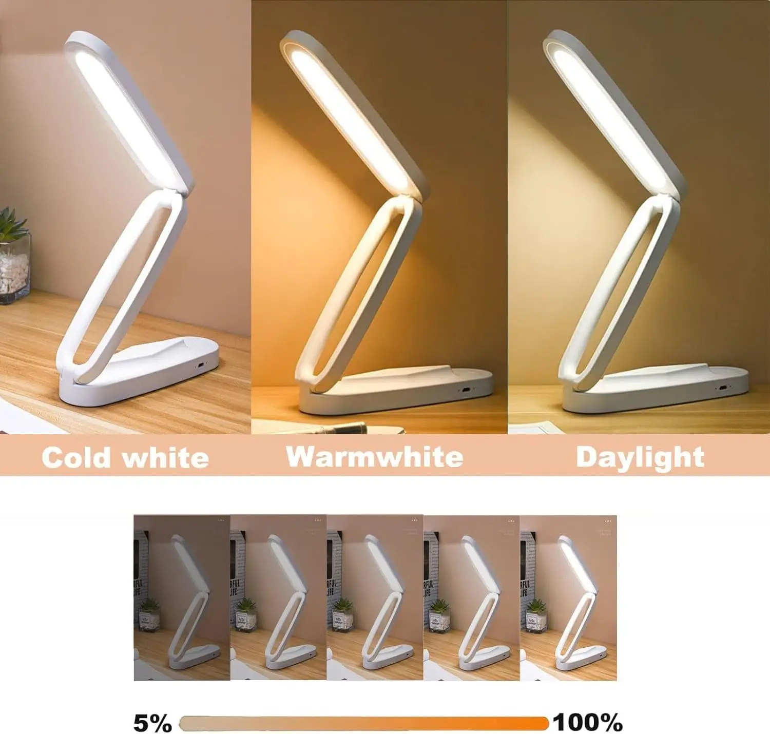 WHITE LED Desk Lamp Rechargeable Foldable Portable Table Lamp Touch Dimmer Desk Lights for Home Office Working Reading Studying