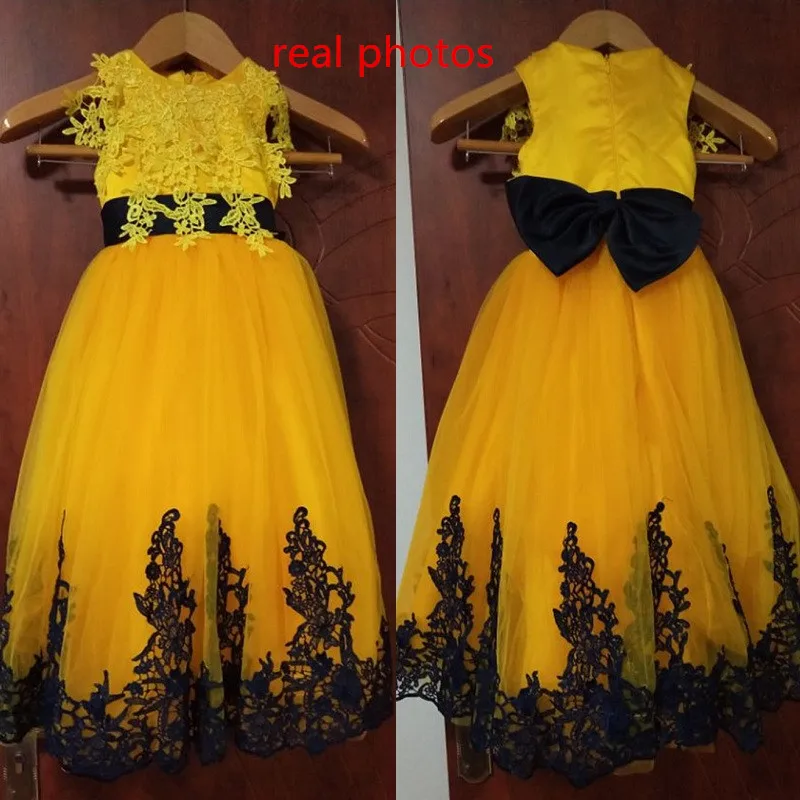 Formal Yellow Flower Girl Dresses for Wedding with Dark Blue Lace Applique Girl Party Ball Gown First Communion Dress for Girls