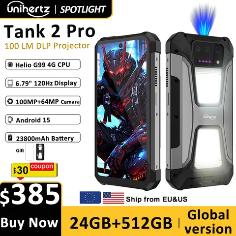 Wytrzymały telefon Unihertz tank 2 Pro 8849 z projektorem, kamerą 100 MP, 24 GB 512 GB, Android 14, 100 MP, NFC, Helio G99, 23800 mAh, 4G