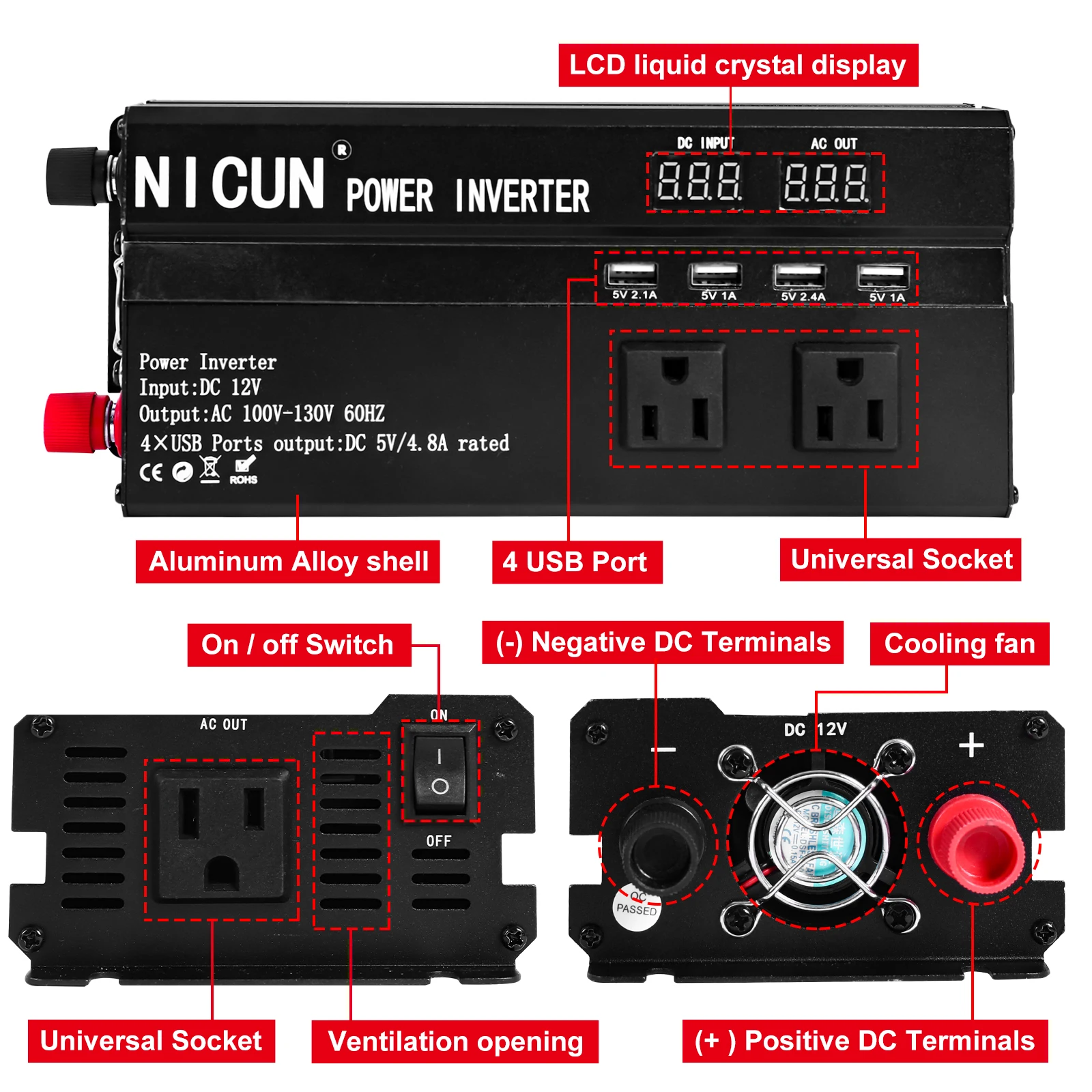 محول طاقة السيارة 6000 واط محمول تيار مستمر 12 فولت إلى التيار المتناوب 110 فولت محول محول طاقة السيارة 60 هرتز شاشة LCD عرض 4 منافذ USB #5