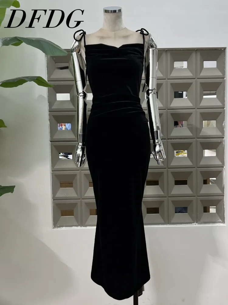 

DFDG 2023, весна-лето, женское легкое бархатное платье, облегающее платье с завязками на плечах, элегантное дизайнерское платье с рюшами на талии